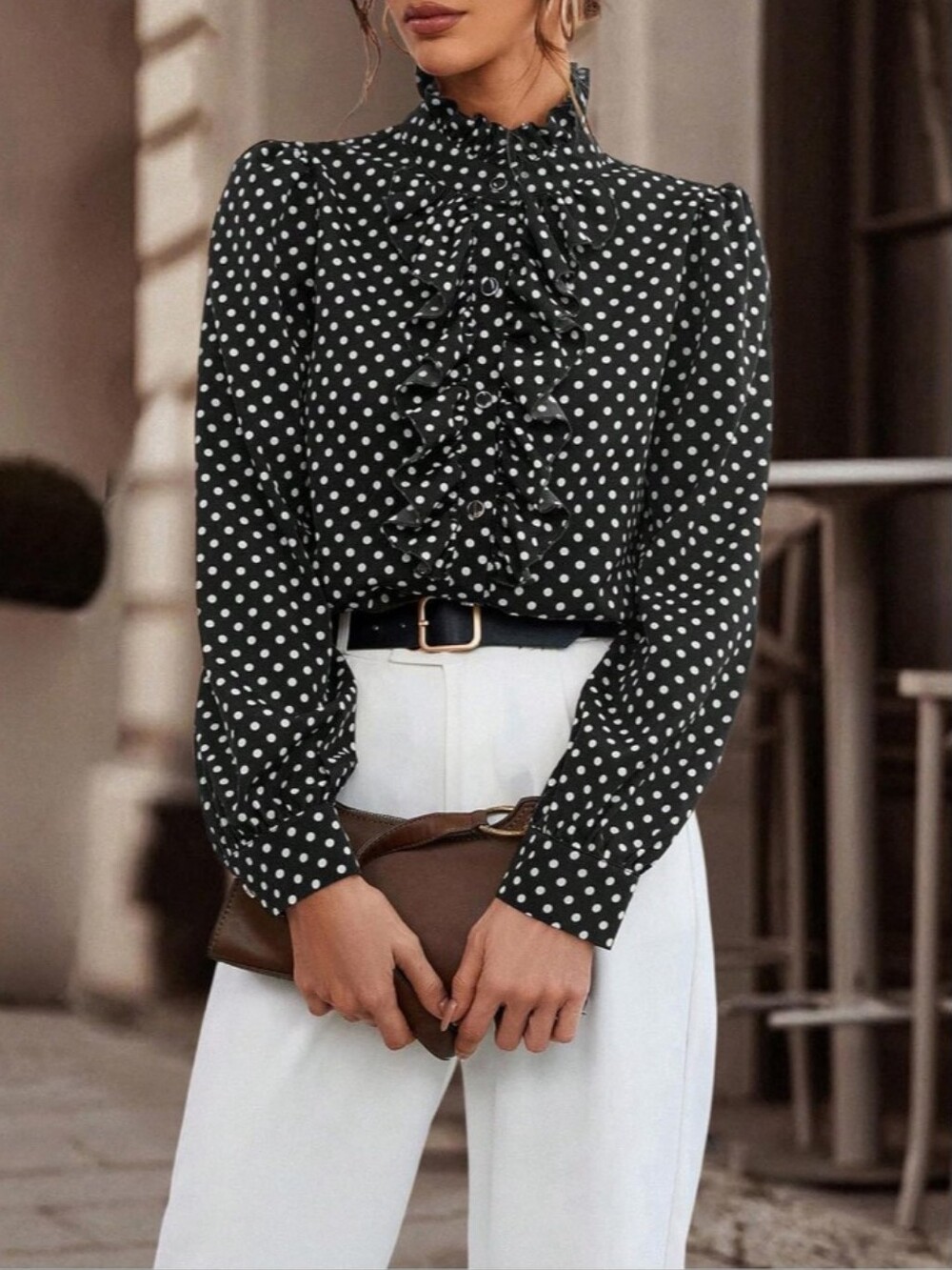 NWT Luxe Polka Dot Ruffle Trim Mock Neck Blouse Shirt Black White Large